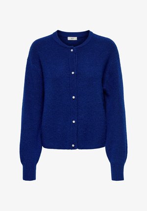 Niebieski dziergany kardigan z okrągłym dekoltem, długimi rękawami i zapięciami na guziki z perełkami z przodu. Miękka tekstura z prążkowanymi detalami.