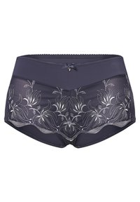 Boyshorts di un blu scuro realizzati in tessuto trasparente e opaco, decorati con ricami floreali, un piccolo fiocco e bordi ondulati.