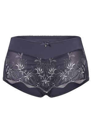 Tmavě námořnické chlapčenské boxerky vyrobené z průsvitné a neprůhledné tkaniny, s květinovou výšivkou, malou mašlí a vroubkovanými okraji.