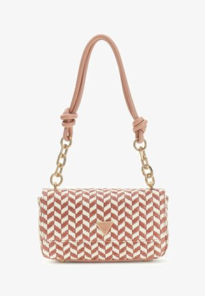Rechthoekige geweven schoudertas met een roze-wit zigzagpatroon, gouden kettingaccenten, een geknoopte roze riem en een driehoekig metalen logo op de voorklep.