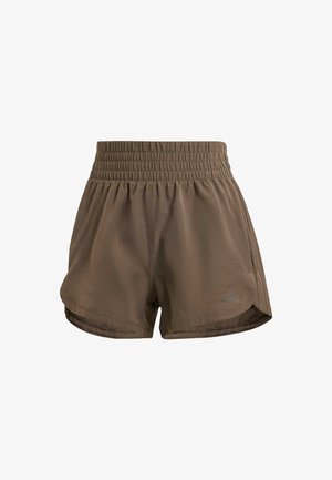 Calções atléticos castanhos com uma cintura elástica, apresentando um corte solto, aberturas laterais e um logótipo discreto no canto inferior.