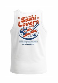 White sleeveless shirt featuring red and blue graphic text reading "Sushi Lovers Club" with a sushi plate illustration and list of types.