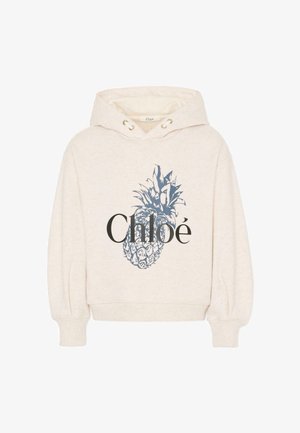 Sweat à capuche beige clair en tissu doux. Présente un graphisme d'ananas bleu et le texte "Chloé" en noir. Cordon de serrage réglable à la capuche.