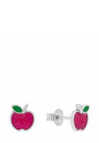 Orecchini a perno in argento a forma di mele, con un corpo glitterato rosa e un accento di foglia verde. Texture liscia con finitura lucida.