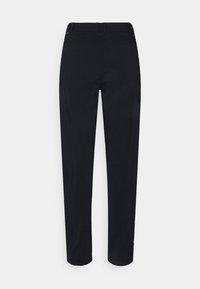 Sorte bukser med rett ben-design, laget av et glatt og lett stoff. Har en midje og ingen synlig maskinvare eller mønstre.