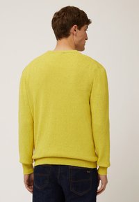 Geel getextureerde gebreide trui met lange mouwen en een ronde halslijn, voorzien van geribbelde manchetten en zoom. Draag met donkere jeans, achterkantzicht.