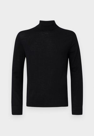 Black turtleneck sweater made of soft fabric, featuring long sleeves and a fitted silhouette with a small round accent detail at the neck.