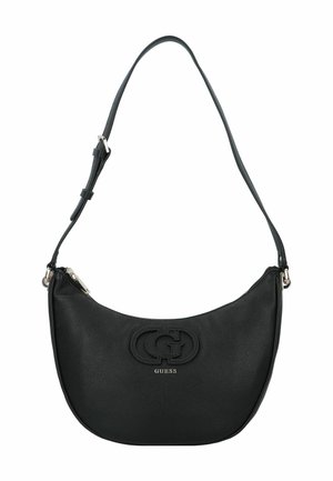 Borsa a spalla in pelle nera con forma curva, logo impresso e tracolla regolabile. Presenta una chiusura lampo e una superficie testurizzata.