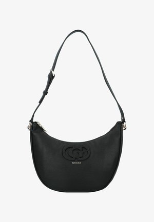 Czarna skórzana torba na ramię o zakrzywionym kształcie, z wytłoczonym logo i regulowanym paskiem. Posiada zamek błyskawiczny oraz fakturowaną powierzchnię.