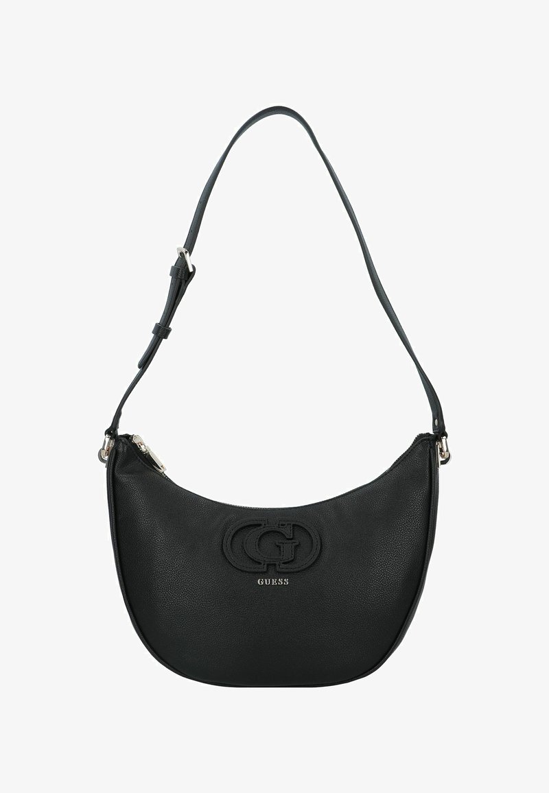 Czarna skórzana torba na ramię o zakrzywionym kształcie, z wytłoczonym logo i regulowanym paskiem. Posiada zamek błyskawiczny oraz fakturowaną powierzchnię.