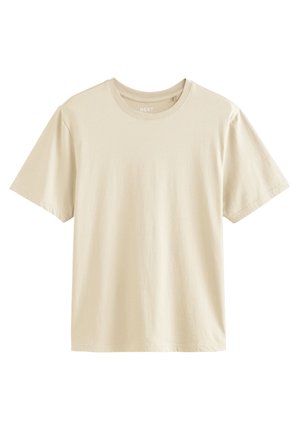 Beige T-shirt met korte mouwen en ronde hals, effen, weergegeven tegen een witte achtergrond, met de voorkant zichtbaar.