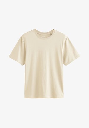 T-shirt beige a maniche corte con scollo rotondo, tinta unita, mostrata su sfondo bianco, con visualizzazione frontale.