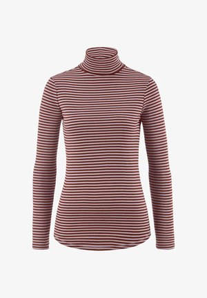 Rot-weißer gestreifter Rollkragenpullover mit langen Ärmeln, aus weichem Stoff, mit taillierter Passform und hohem Ausschnitt.