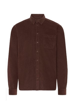 Brown corduroy shirt with long sleeves, button-down collar, front pocket, and vertical ribbed texture. Features brown buttons along the front.