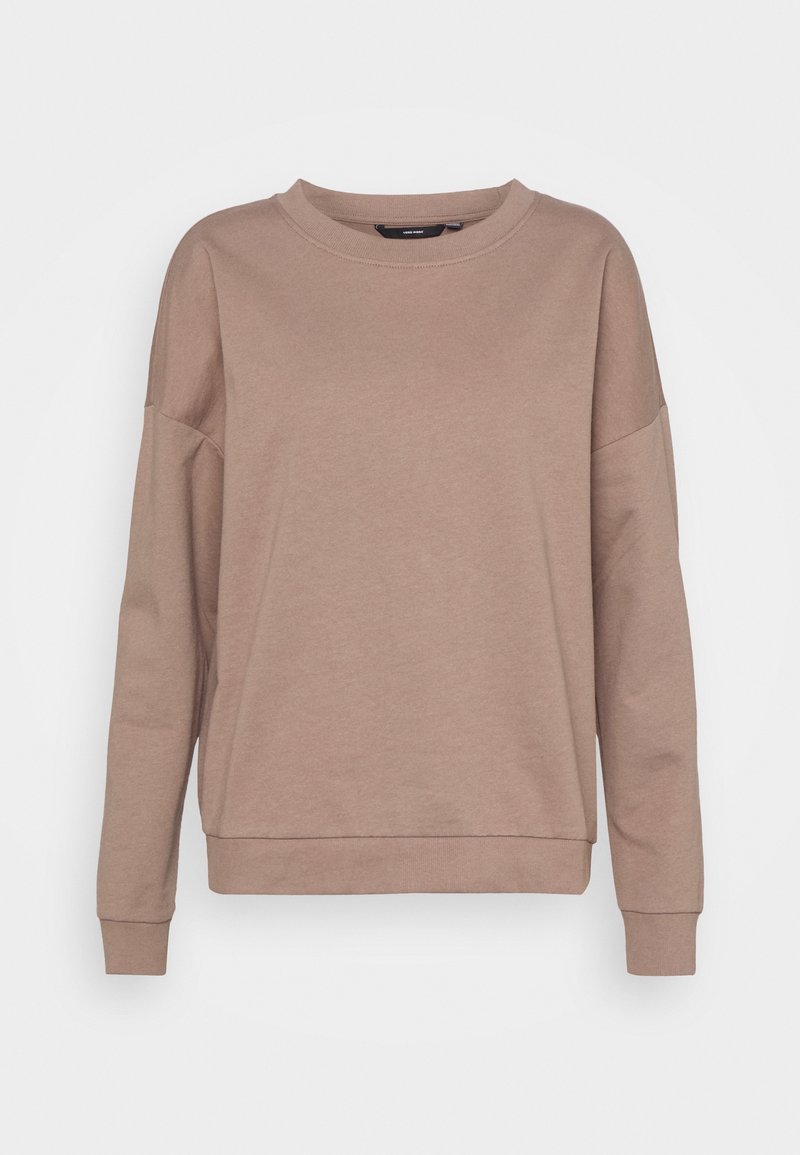 Sweat-shirt marron uni à manches longues et col rond, avec poignets et ourlet côtelés, présenté sur fond blanc.