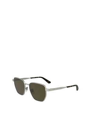 Metallsonnenbrille mit silbernem Gestell, braunen Gläsern und Schildpatt-Akzenten an den Bügeln. Geometrische Form mit verstellbaren Nasenpads.