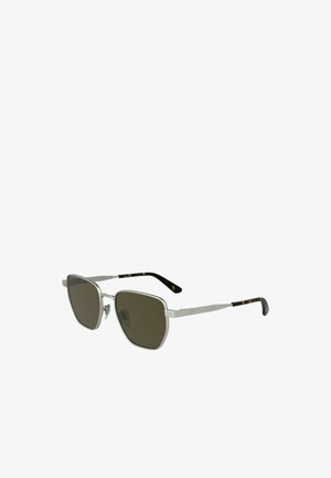 Metal sunglasses with a silver frame, brown lenses, and tortoiseshell accents on the temples. Geometric shape with adjustable nose pads.