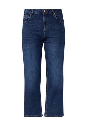 Donkerblauwe denim jeans met een rechte, cropped snit, voorzien van een sluiting met een knoop aan de voorkant, vijf zakken en contrasterende stiksels.