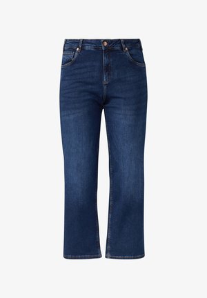 Donkerblauwe denim jeans met een rechte, cropped snit, voorzien van een sluiting met een knoop aan de voorkant, vijf zakken en contrasterende stiksels.