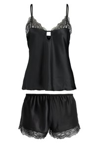 Schwarzes Satin-Camisole- und Shorts-Set mit verstellbaren Trägern, Spitzenverzierungen am Dekolleté und Saum sowie einem zentralen Ausschnitt am Top.