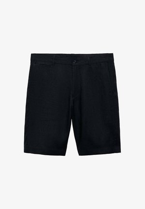 Pantaloni scurți negri din in, cu față plată, buzunare laterale și închidere cu un singur nasture; textură netedă și design tailored.