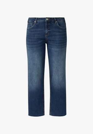 Dunkelblaue Jeans aus Denim mit geradem Bein, ausgestattet mit einer helleren Waschung, fünf Taschen und einem Knopfverschluss an der Taille.