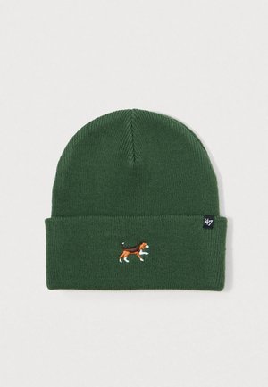 Berretto a maglia verde con un piccolo design di beagle ricamato in marrone e bianco sul davanti, dotato di un risvolto nella parte inferiore.