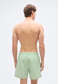 Πράσινα μαγιό σορτς με ρίγες και ελαστική μέση, με άνετη εφαρμογή και λεία υ φή. Δεν φαίνονται άλλα ρούχα ή αξεσουάρ.