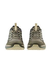 Scarpe da trekking verdi in mesh e suede, dotate di una suola robusta, accenti testurizzati e un utilizzo comodo grazie a un linguetta di trazione.