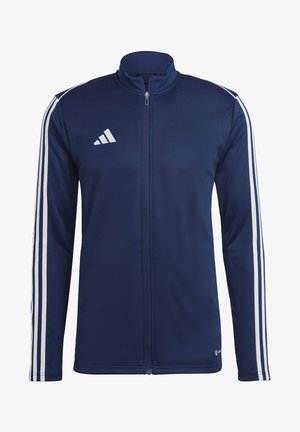 Marineblå atletisk zip-opp-jakke lavet af glat, letvægtsstof med hvide striber på ærmerne og et Adidas-logo på brystet.
