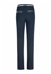 Pantalons en coton mélangé bleu marine avec une coupe droite, dotés de deux poches arrière avec une finition brillante et d'une ceinture contrastante.