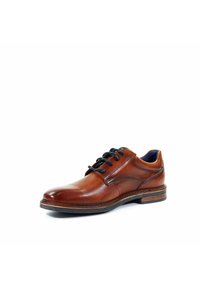 Braune Leder-Schuh mit glatter Oberfläche, runder Zehenpartie, schwarzen Schnürsenkeln und einem kontrastierenden blauen Innenfutter. Genähter Rand und ein niedriger Absatz.