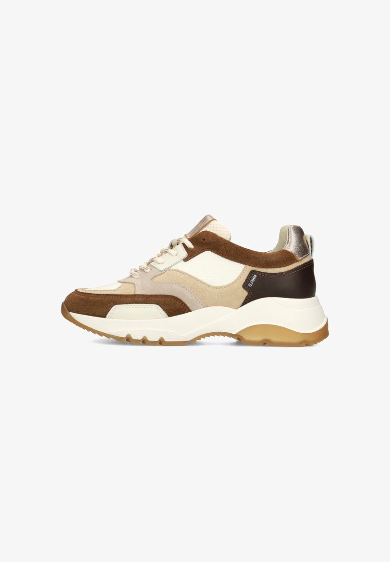 Chunky sneaker in beige, brown, and cream tones with white sole and metallic heel detail, shown in side profile on white background.