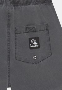 Graue Shorts mit einer Gesäßtasche, die mit einem Quiksilver-Logo-Patch und einer metallenen Öse verziert ist. Weicher Stoff mit glatter Textur.