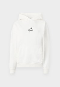 Hoodie en polaire blanche avec une poche kangourou, un capuchon à cordon de serrage et un logo "Pegador" noir brodé sur la poitrine. Texture douce, design décontracté.
