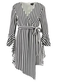 Schwarz-weiß gestreiftes Wickelkleid mit langen, ausgestellten Ärmeln, einem Bindegürtel in der Taille und einem asymmetrischen Saum. Glatter Stoffeinsatz.
