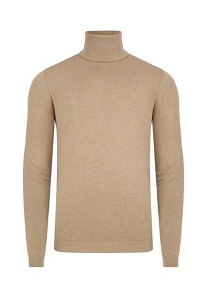 Beżowy sweter z golfem wykonany z miękkiego dzianiny. Posiada długie rękawy i dopasowany krój. Żebrowane mankiety i dół.