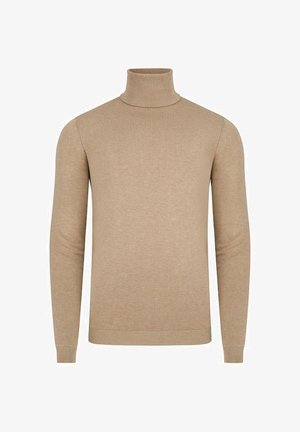 Beżowy sweter z golfem wykonany z miękkiego dzianiny. Posiada długie rękawy i dopasowany krój. Żebrowane mankiety i dół.