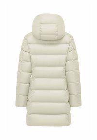Pufferjack in lichtbeige met een capuchon, voorzien van een gequilt ontwerp, geribbelde textuur en lange mouwen. De achterkant toont horizontale padding.