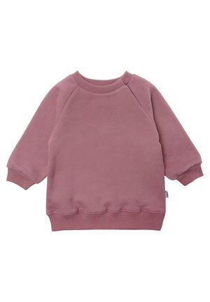 Rosa Sweatshirt mit Rundhalsausschnitt, langen Raglanärmeln und geripptem Saum. Weicher Stoff mit glatter Textur und ohne sichtbare Muster.