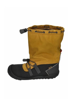 Wasserdichte Winterstiefel mit einem gelben Stoffschaft und einem schwarzen Gummifuß. Verfügt über eine Kordelzugverschlus und graue Akzente zur Anpassung.