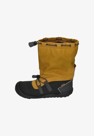 Wasserdichte Winterstiefel mit einem gelben Stoffschaft und einem schwarzen Gummifuß. Verfügt über eine Kordelzugverschlus und graue Akzente zur Anpassung.