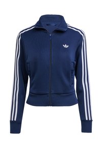 Marineblaue Jacke mit Reißverschluss aus strukturiertem Stoff. Verfügt über weiße Streifen entlang der Ärmel und ein kleines Logo auf der Brust. Eng anliegendes Design.