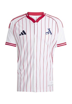 White baseball jersey with red vertical stripes, red collar, and button closure. Features an embroidered logo and striped sleeve accents.