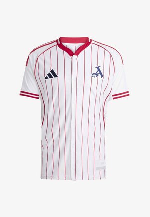 White baseball jersey with red vertical stripes, red collar, and button closure. Features an embroidered logo and striped sleeve accents.