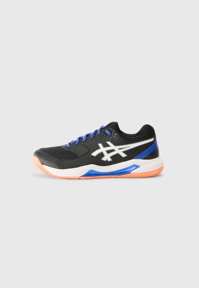 Black athletic shoe with mesh fabric, white and blue accents, and a textured rubber sole. Features blue laces and an orange outsole.