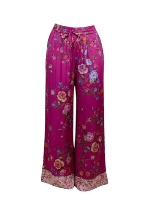 Pantaloni larghi rosa acceso con stampa floreale multicolore, elastico in vita, coulisse e dettaglio floreale rosa chiaro all'orlo.