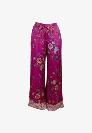 Pantaloni larghi rosa acceso con stampa floreale multicolore, elastico in vita, coulisse e dettaglio floreale rosa chiaro all'orlo.