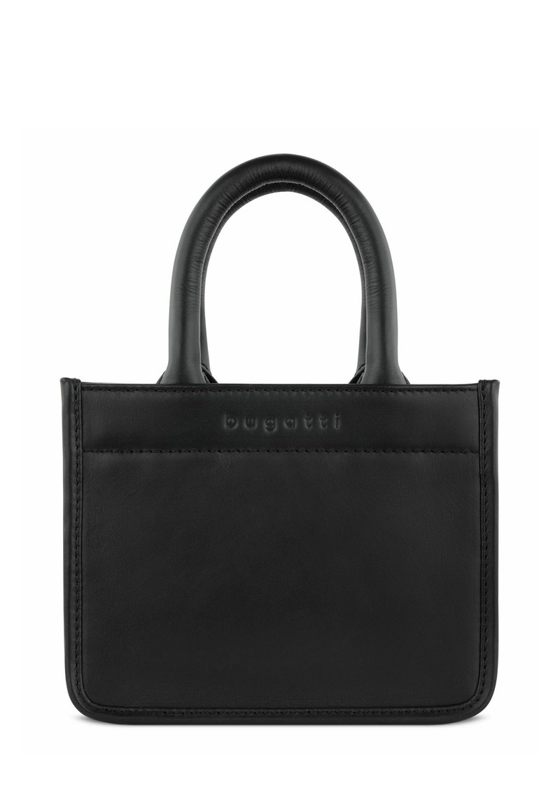 Borsa a tracolla nera in pelle con un design strutturato, manici arrotondati e un logo in rilievo discreto. Texture liscia con una finitura semplice ed elegante.