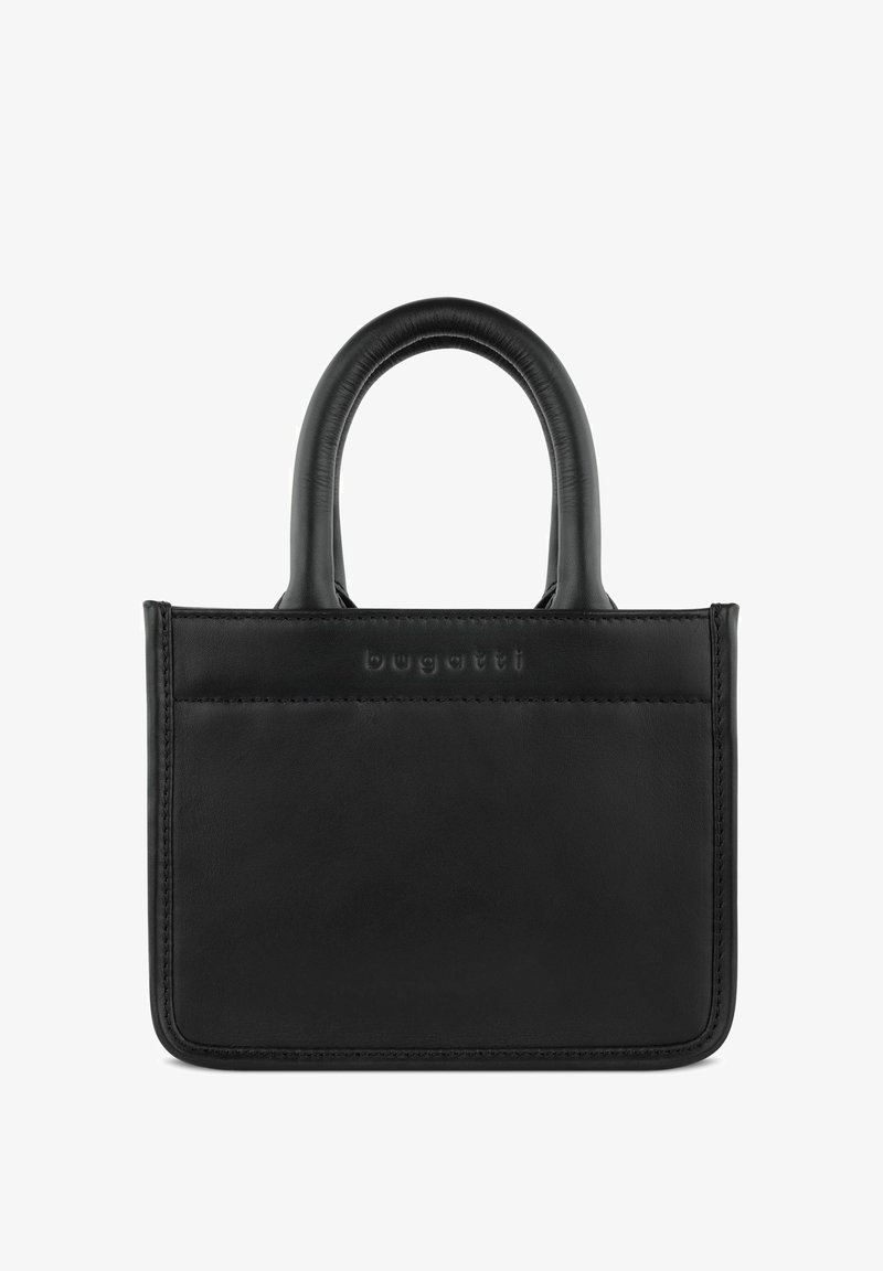 Borsa a tracolla nera in pelle con un design strutturato, manici arrotondati e un logo in rilievo discreto. Texture liscia con una finitura semplice ed elegante.